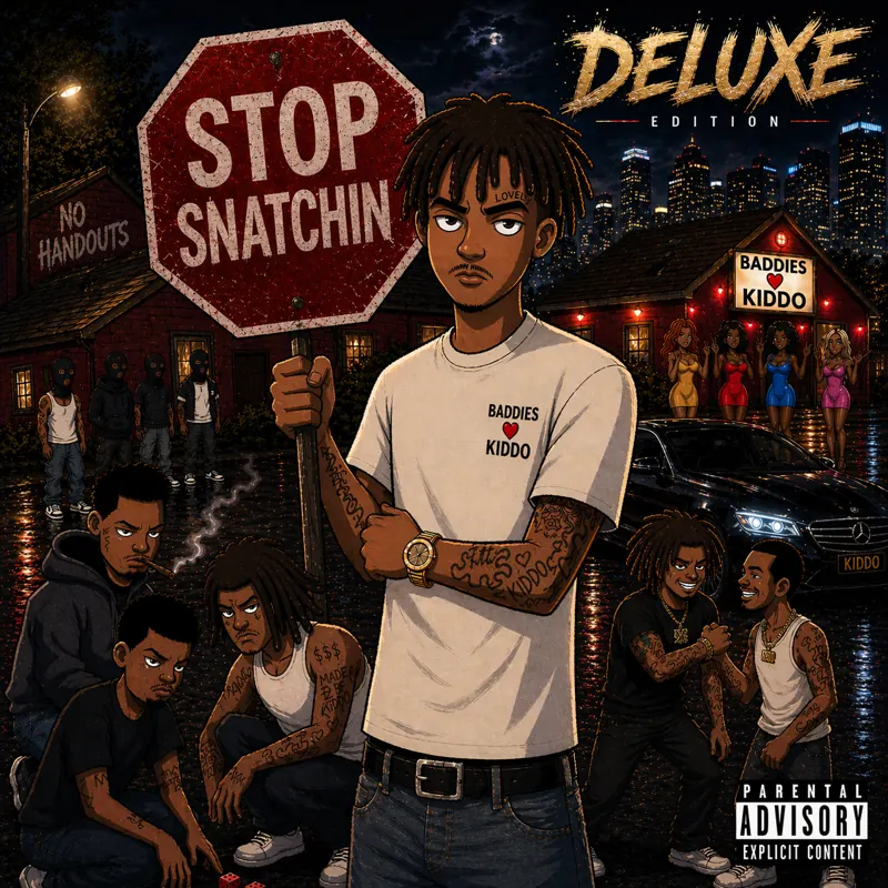 Stop Snatchin' (Deluxe) cover art — cartoon Luh Kiddo holding a Stop Snatchin' stop sign on a wet night street, Deluxe Edition lettering above the city skyline